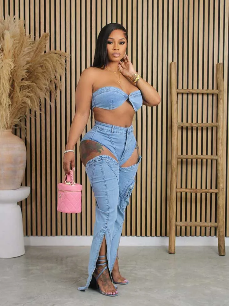 Summer Set Woman 2 Pieces Sexy Night Club Wear Strapless Vest and Jeans Side Slit Ladies Sex Suit Wholesale Dropshipping