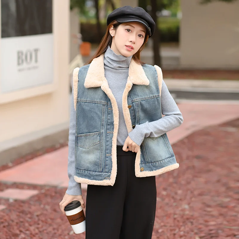 Plus Velvet Winter Vests Casual Short Denim Tops Thicken Fall Warm Sleeveless Jackets Boyfriend Blue Plush Jean Waistcoat