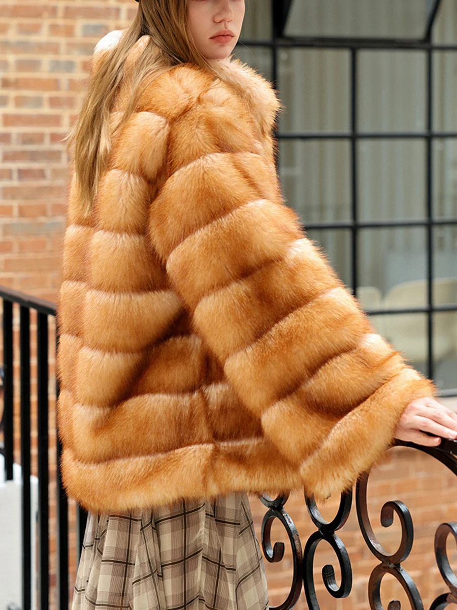 LIMO 2026 New Women Luxury Striped Faux Fox Fur Jacket Oversized Warm Winter Plush Coat