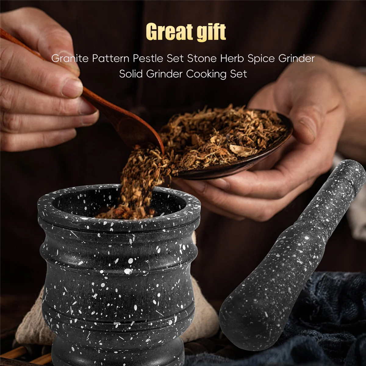 

Hot Sale Granite Pattern Pestle Set Stone Herb Spice Grinder Solid Grinder Cooking Set