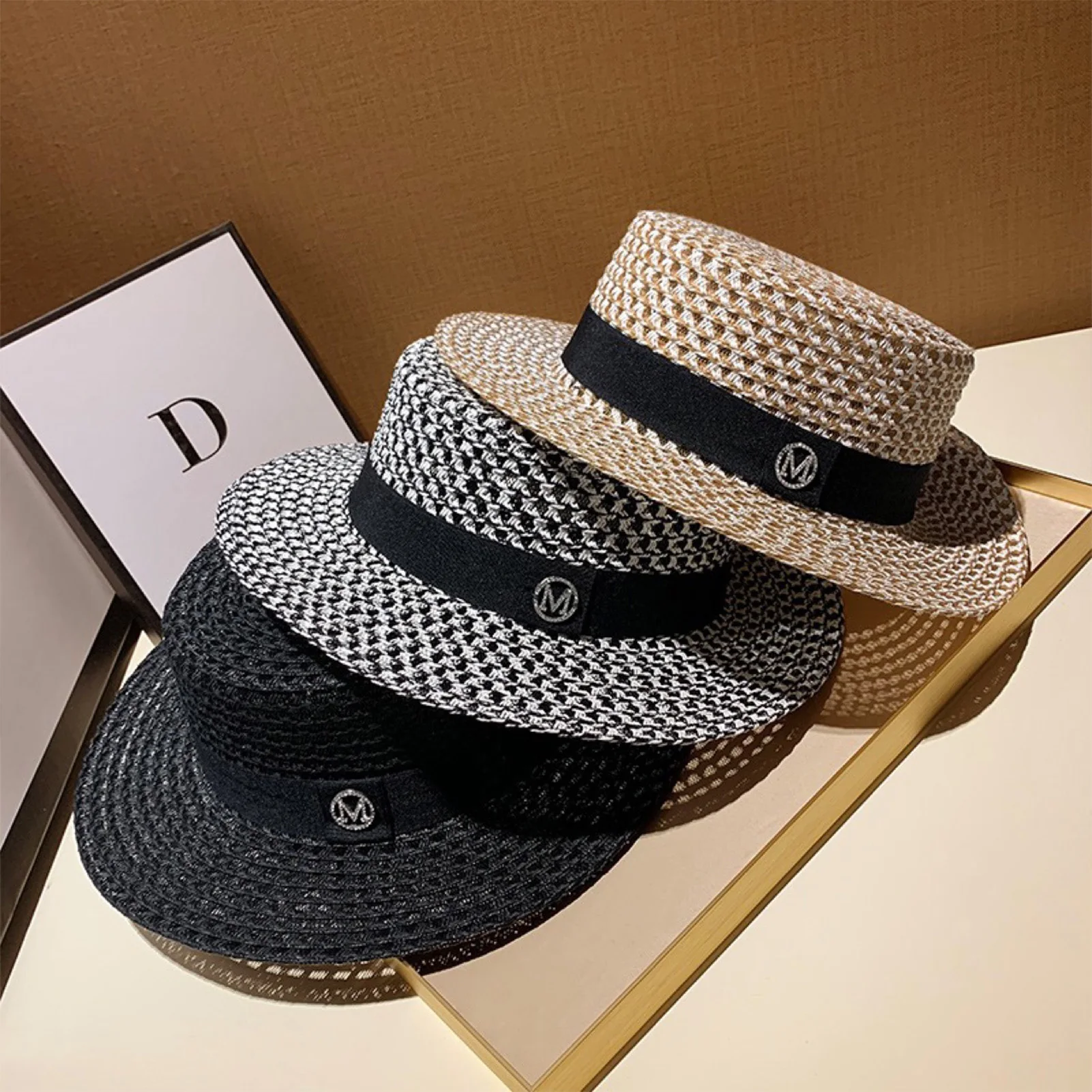 

French Vintage Straw Sun Hat Breathable Rhinestone Letter Decor Wide Brim Summer Beach Wedding Boho Chic Lady Dressy Hat
