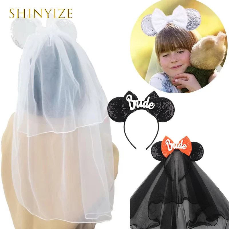 

2025 New Mouse Ears Headband With Veil Girls Women Sequins 5‘’Bow Hairband Childer Festival Party Cosplay DIY Hair Accessories