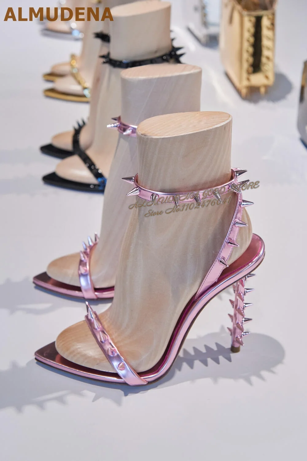 

ALMUDENA Golden Metallic Rivets Thin High Heel Sandals Pointed Toe Buckle Strap Spikes Dress Shoes Single Band Elegant Footwear