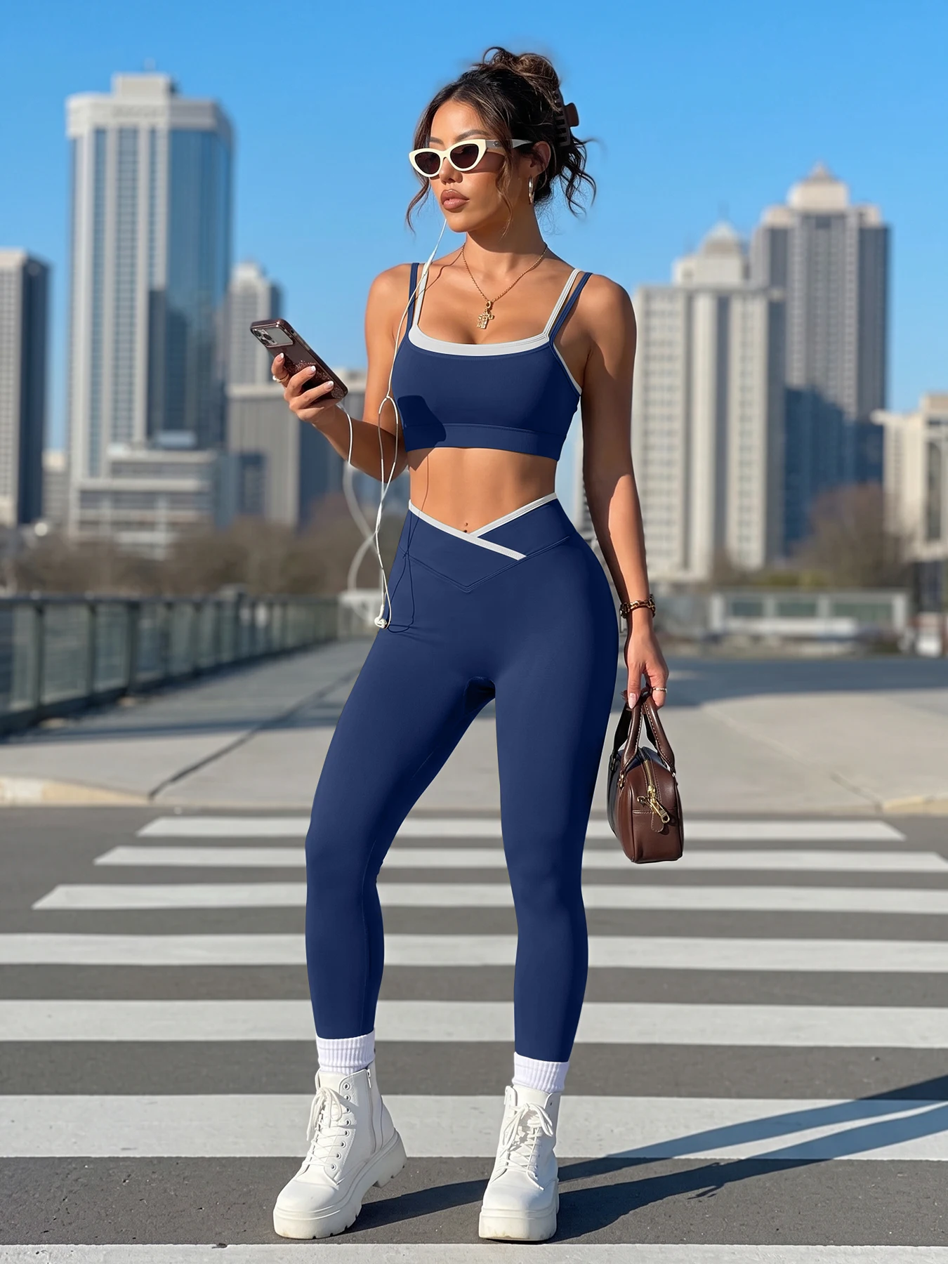 Women 2 Piece Yoga Outfits Contrast Binding Sports Bra High Waisted V Cross Leggings Workout Set