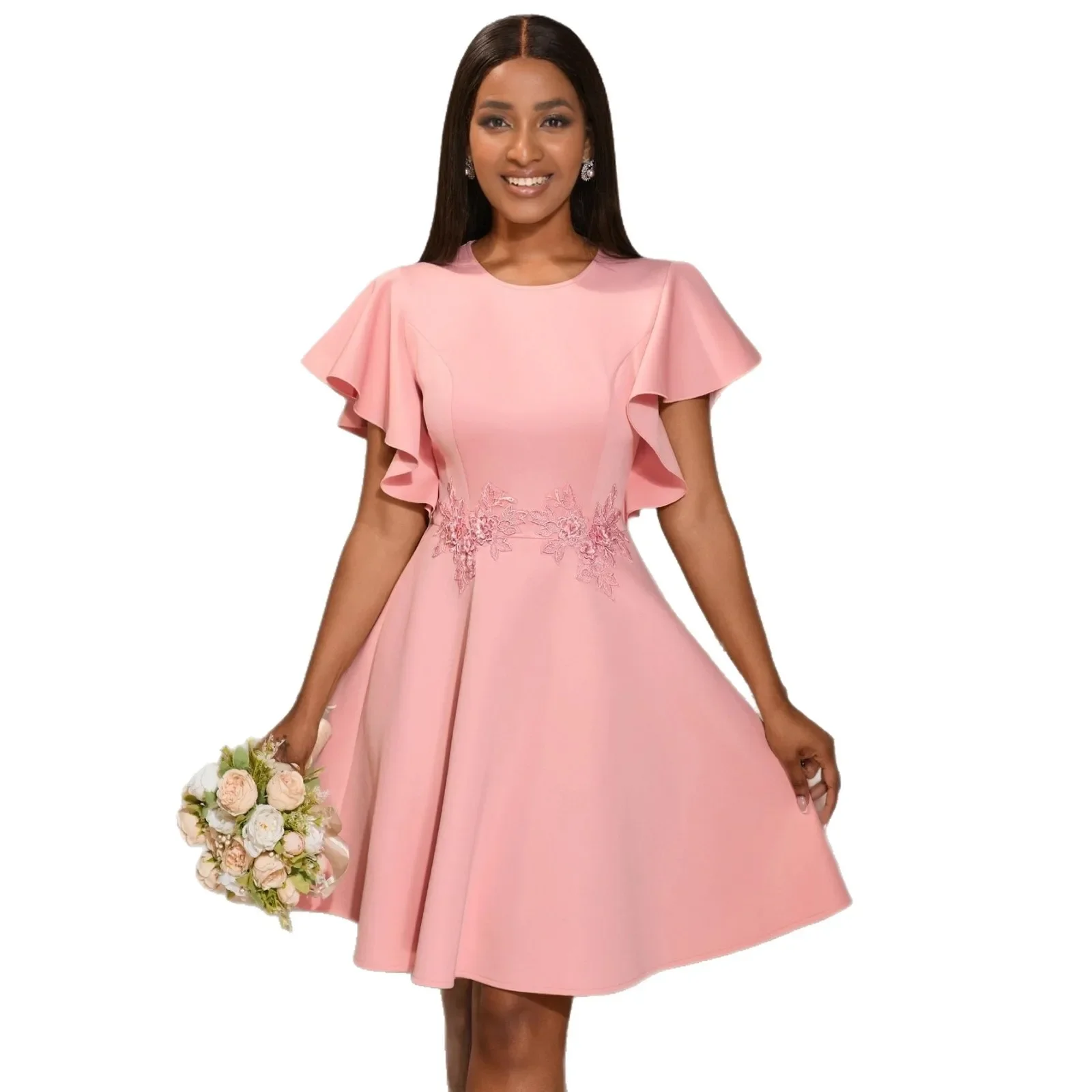 

Elegant Pink A Line Mini Dress with Batwing Sleeves Delicate Lace Embroidery O Neck Perfect for Bridal Showers Cocktail Parties