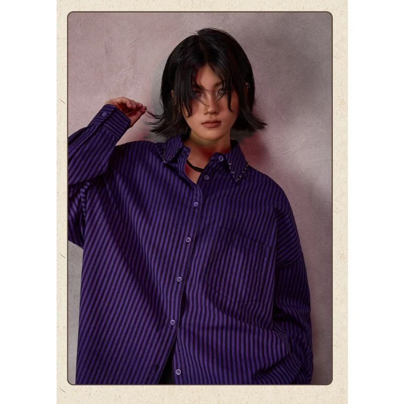Women Vertical Striped Shirts Autumn Gradient Tide Brand Loose Design Rivet Mid-length Blouse Cotton Fashion Tops Long-sleeved