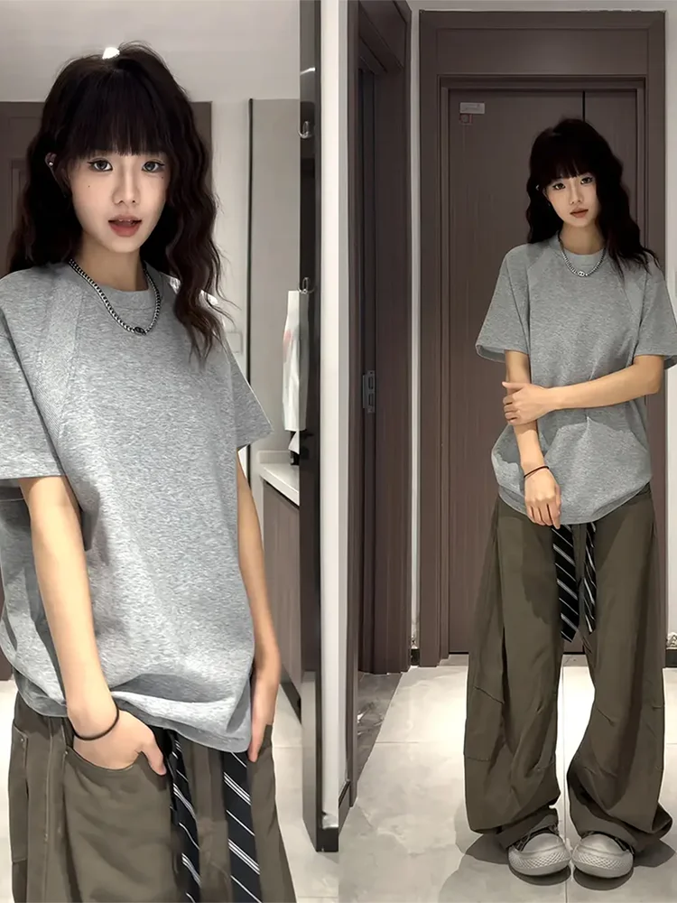 아메리칸 슬레 헤비웨이트 디컨스트럭티드 오르트 스베 여성 여름 클린핏 스몰 칼라 숄더 티셔츠 루즈 탑 (커플용)