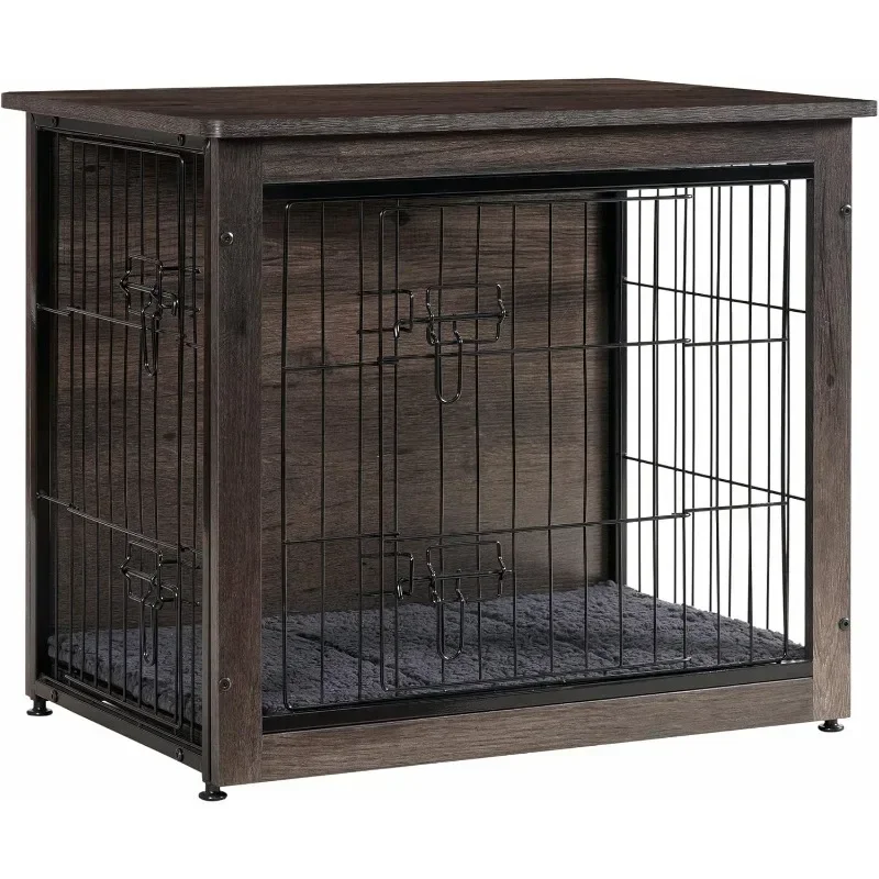 DWANTON Dog Crate Furniture with Cushion, Wooden Crate with Double Doors, Dog Kennel Indoor for Small/Medium/Large Dog