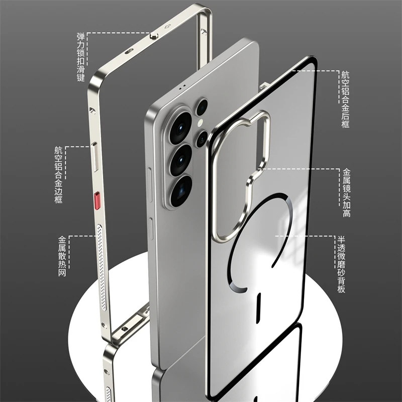 Aluminiowa rama ze stopu metalu, matowa, przezroczysta akrylowa obudowa do Samsunga S26 S26Ultra, magnetyczne etui do Samsunga Galaxy S26 Ultra.