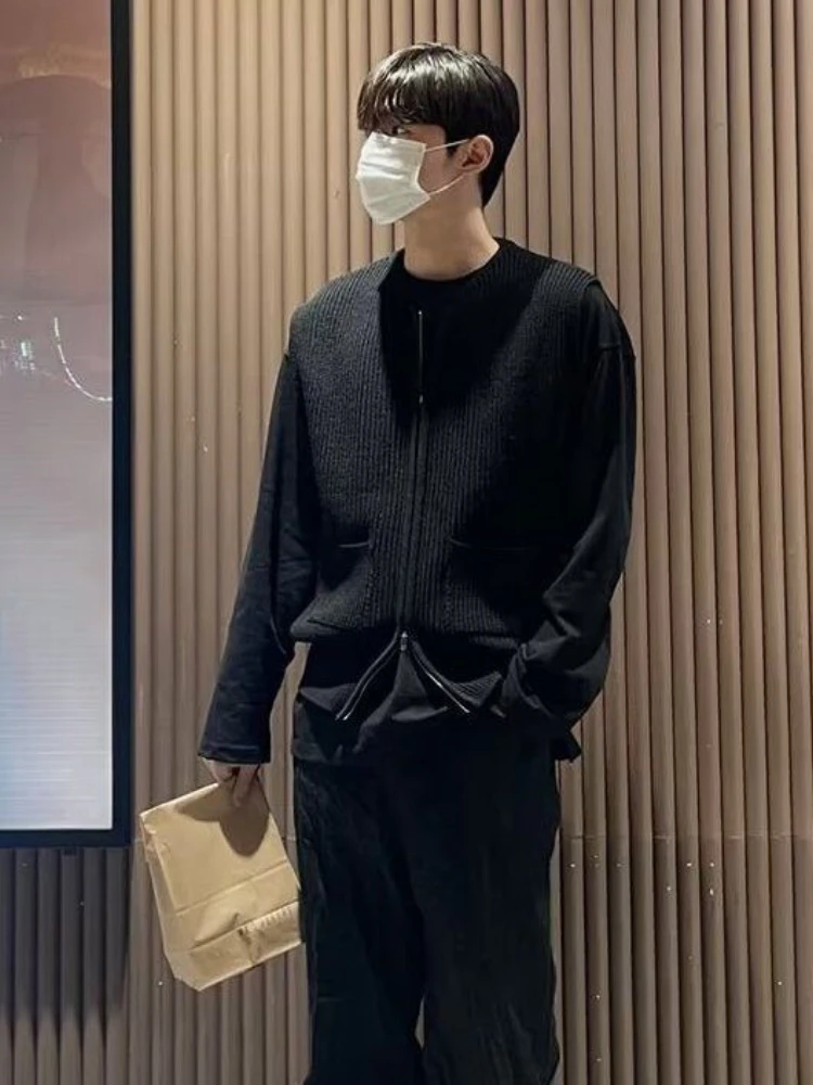 

Мужской вязаный жилет без рукавов унисекс, кардиган, двусторонняя молния, сплошной цвет, свободный крой, модный минималистичный топ в корейском стиле