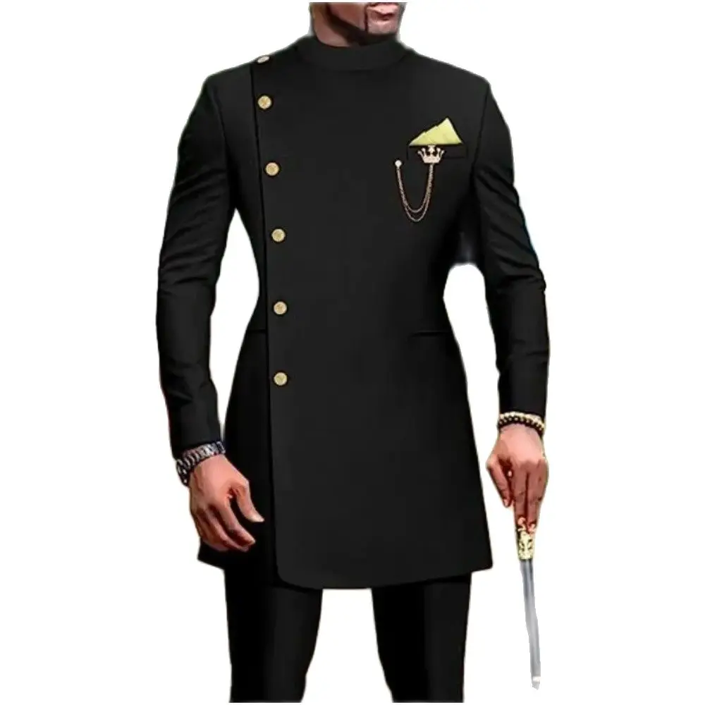 

African Suits for Men Stand Collar Blazer and Pants 2 Piece Set Outfits Attire Costume Homme Wedding Groom Prom Dress For Man