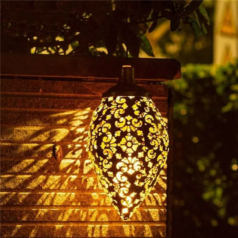 A27F-2X Solar Powered LED Moroccan Hanging Lantern Retro Moroccan Pattern Projection Lamp Outdoor Garden Fairy Light Kit