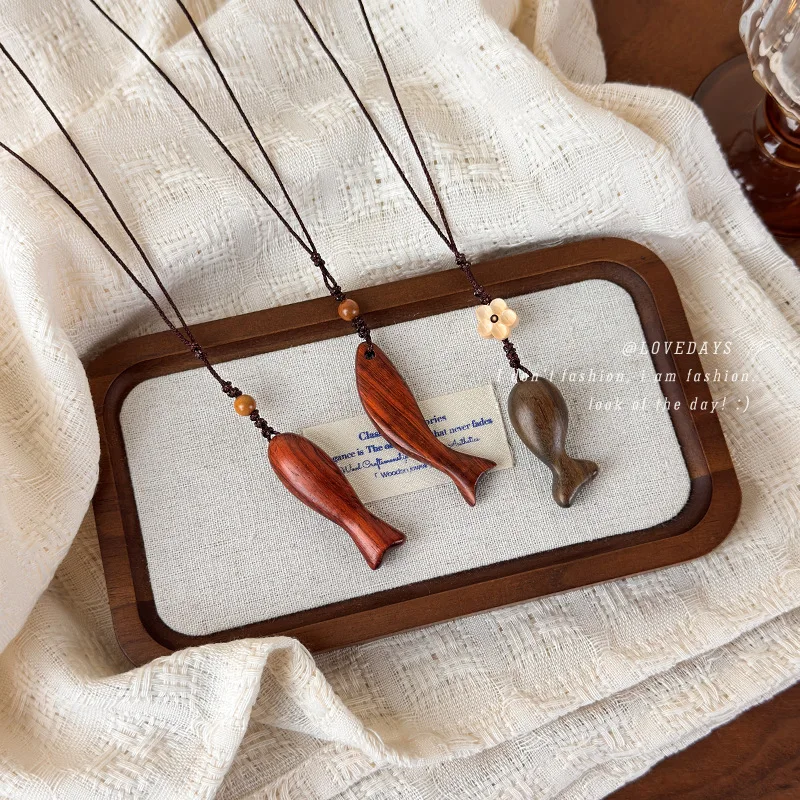 Necklace Handmade Wood Fish Pendant Braided Rope Long Sweater Chain Retro Oriental Style Elegant Women Daily Gift Lightweight