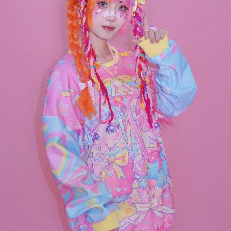 Design originale giapponese colorato cartone animato anime stampa pullover lunghi da donna autunno dolce fresco versatile felpa dimagrante