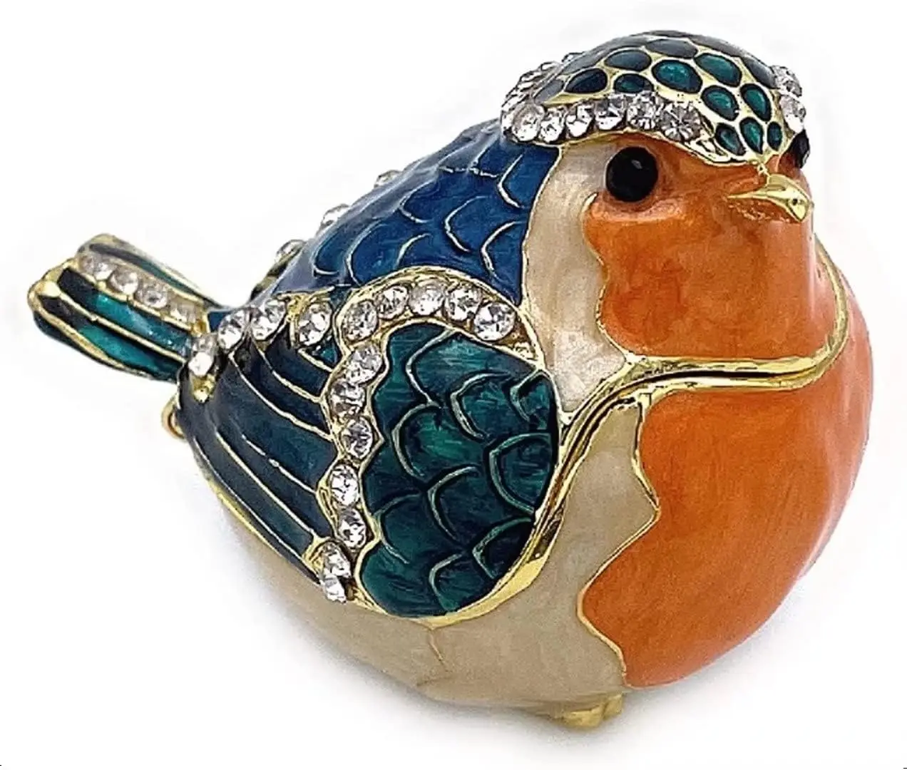 Ornate Enamel Robin Figurine With Rhinestone Detailing, Hinged Trinket Box For Ring And Earring Storage, Decorative Home