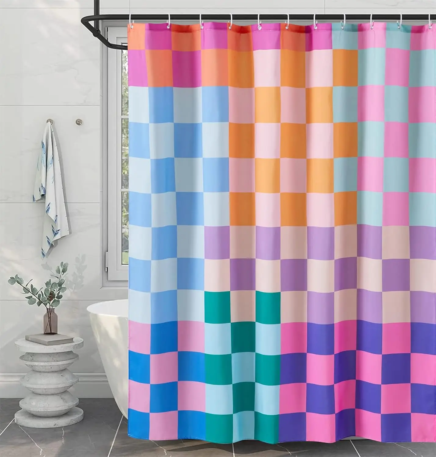 

olored Checkered Re o Fabric Shower Curtain for Bathroom Ex a Long 84 Inches Length, Bright Rainbow Colorful Modern Si