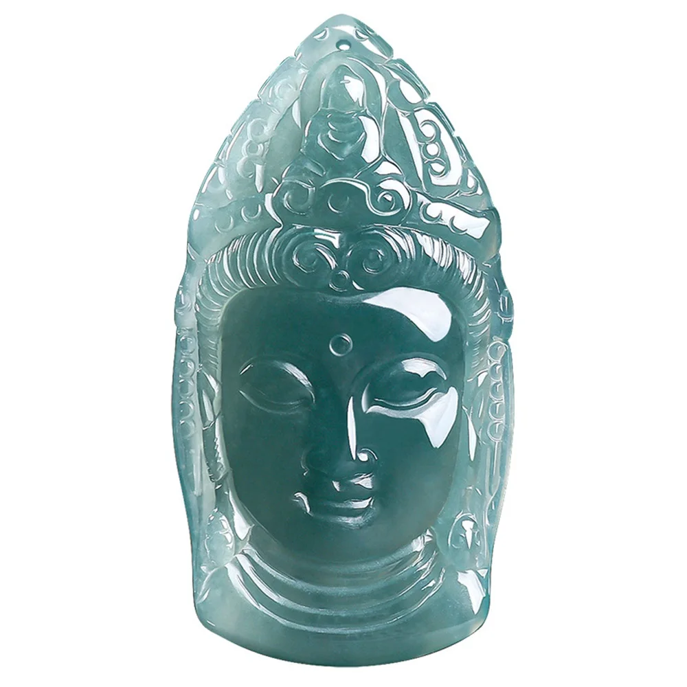 Genuine Natural Grade A Icy Blue Water Jadeite 3D Carved Guanyin Head Pendant Jade Necklace High-end Chinese Stly Jewelry Gift