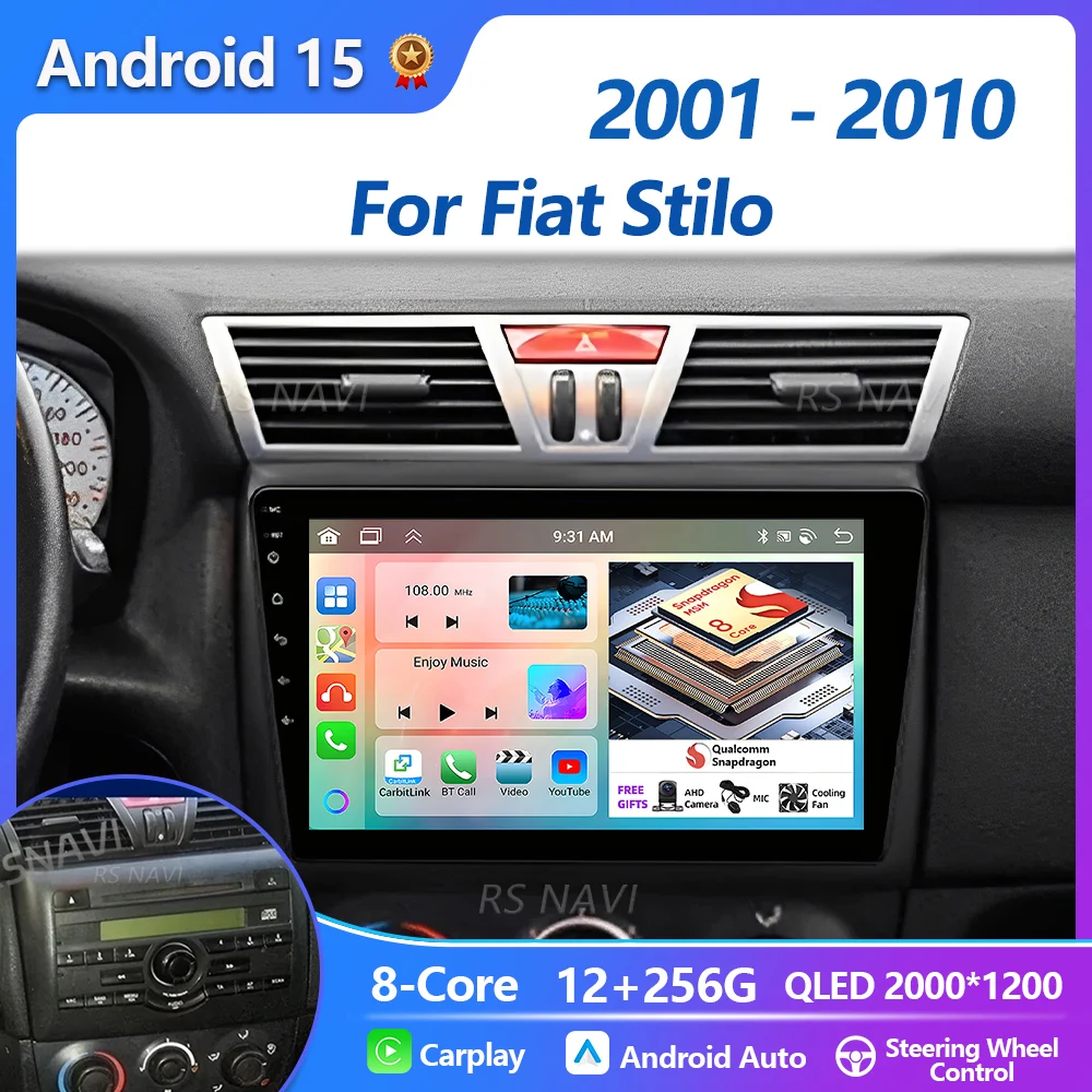 التوصيل والتشغيل أندرويد 15 لشركة فيات ستيلو 2001 - 2010 2K QLED أندرويد راديو السيارة الوسائط المتعددة مشغل فيديو GPS CarPlay 4G ستيريو 2DIN