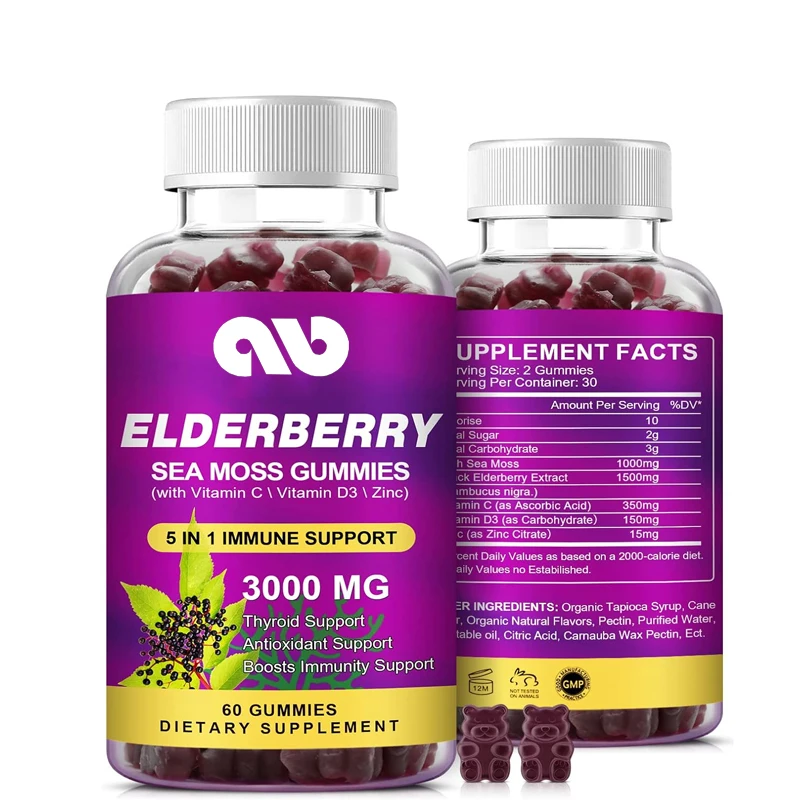 Black elderberry and seaweed gummies, containing zinc and vitamins C,D3,and multiple vitamins, provide immune and energy support