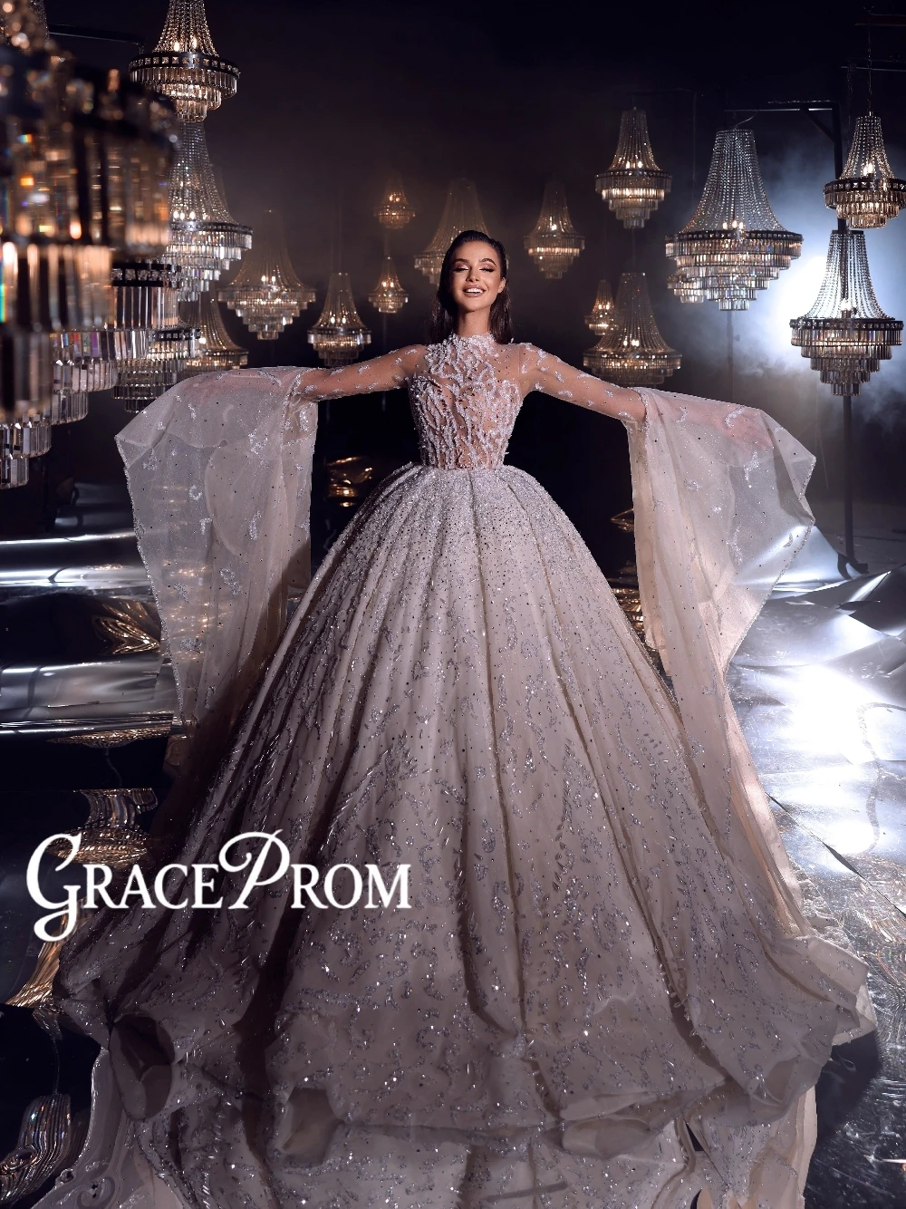 

Иллюзионное свадебное платье с длинными рукавами, роскошное бальное платье принцессы с бисером и кристаллами, со шлейфом, большие размеры, на заказ