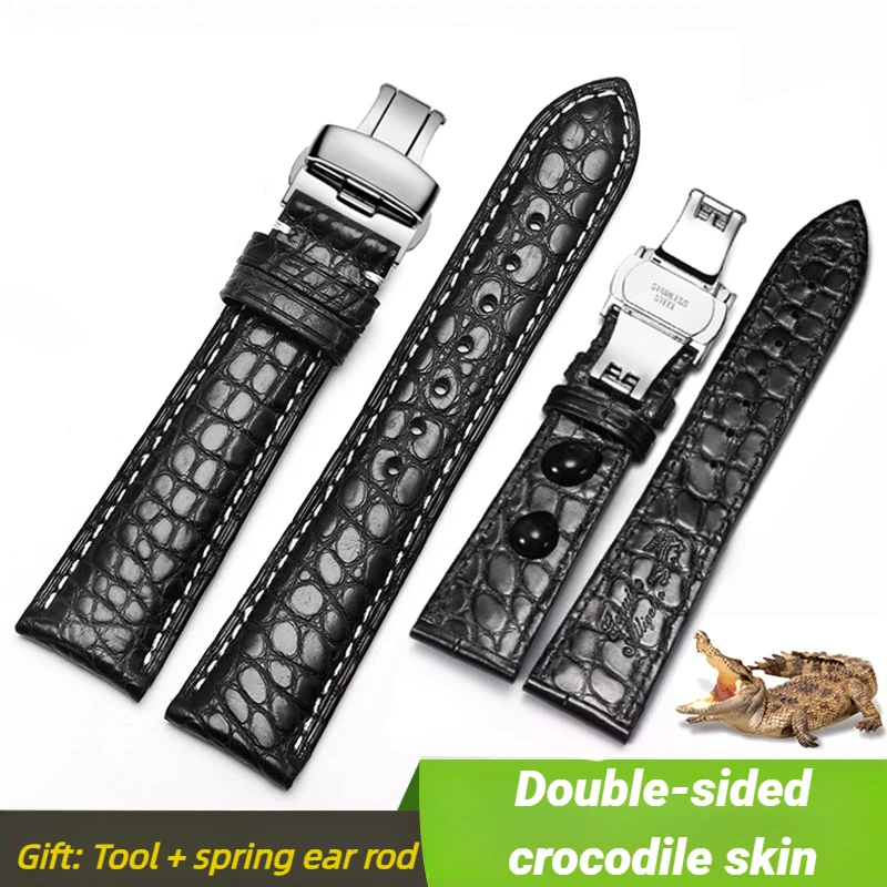 High quality Two-sided Crocodile Skin leather watch strap Butterfly clasp 19mm 20mm 21mm 22mm men metal Watchband soft bracelet