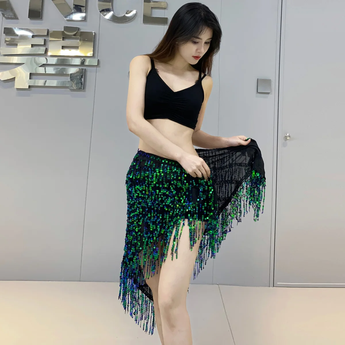 Womens Sequin Tassel Skirts Rave Fringe Hip Scarf for Festival Stage Performance Show Costume Glitter Sparkly Wrap Belt Outfit