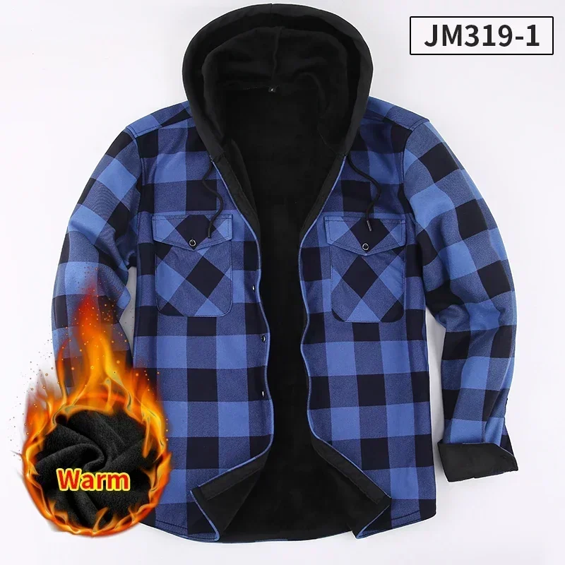 Men Casual Hooded Jacket Plaid Tops Within Velvet and Thickening Long-sleeve Shirts Fashion Korean Popular Clothes Winter