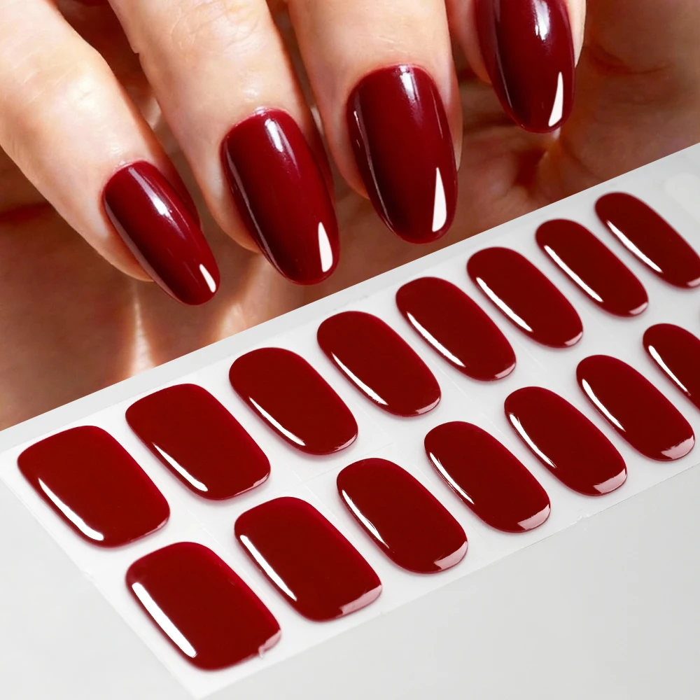 16Tips Burgundy Semi-Cured Gel Nail Stickers Glossy Red Full Cover Manicure Strip Long Lasting for Festival Party DIY Nail Wraps