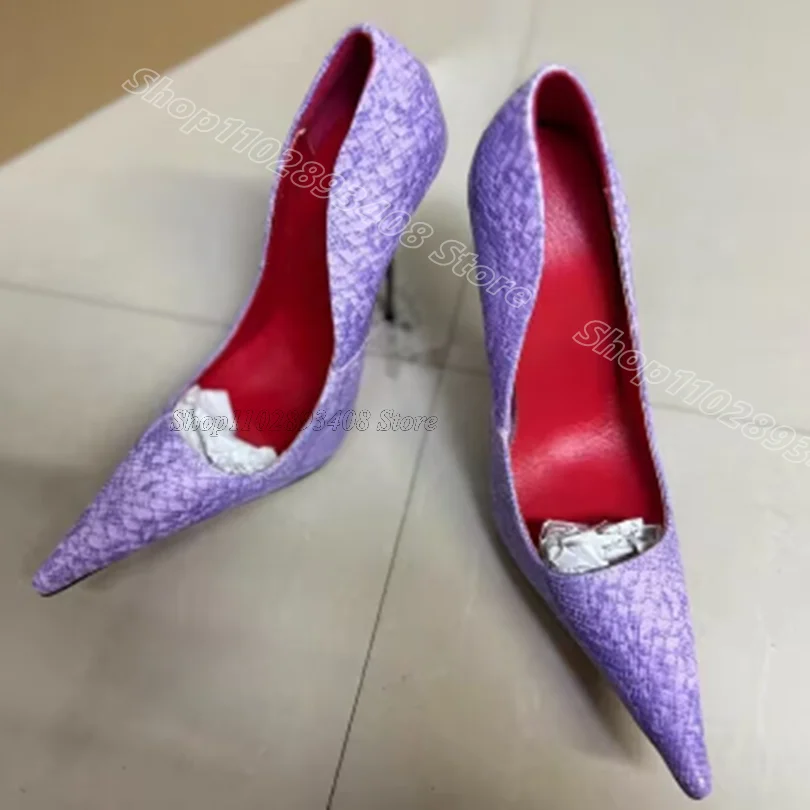 

Purple Snakeskin Stiletto Pumps Pointed Toe Metal Heels British Style Slip on Dress Party Sexy Shoes 2025 Zapatos Para Mujere