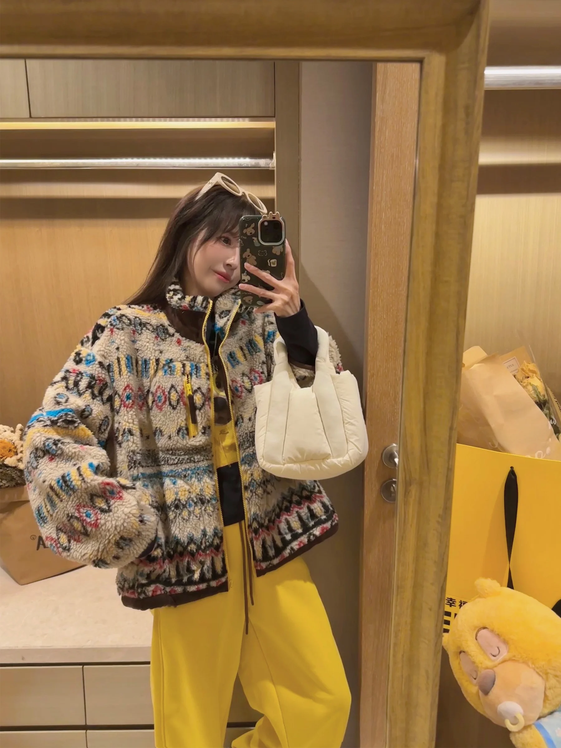 

Retro Patchwork Fair Isle Lamb Fur Women's ort Coat Thi Warm Korean Sle Winter Outerwear Geometric Pattern Long Sve