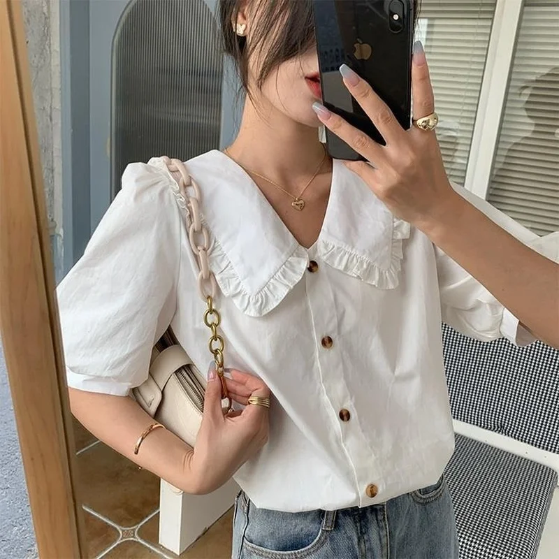 Shirts Women French Sweet Peter Pan Collar Fashion Design Casual Summer New Tender Puff Sleeve Elegant Office Lady Kawaii Cozy