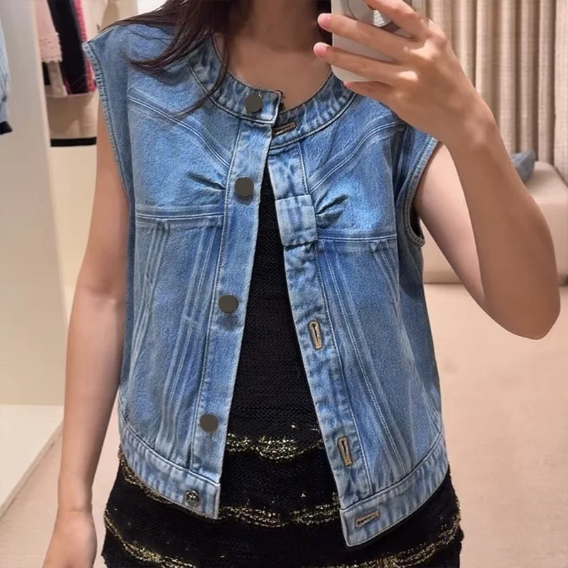 معطف جينز عالي الجودة بتصميم عالي الجودة من القطن بالكامل سترة نسائية محبوكة بفيونكة بدون أكمام ملابس خارجية 25110755