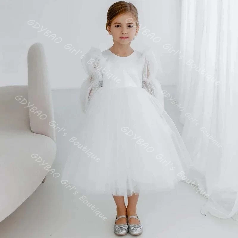 Vestido blanco de flores para niña, para boda, niños pequeños, manga abombada, vestido de primera comunión, 2-14 niños, vestido de fiesta largo hasta el té personalizado