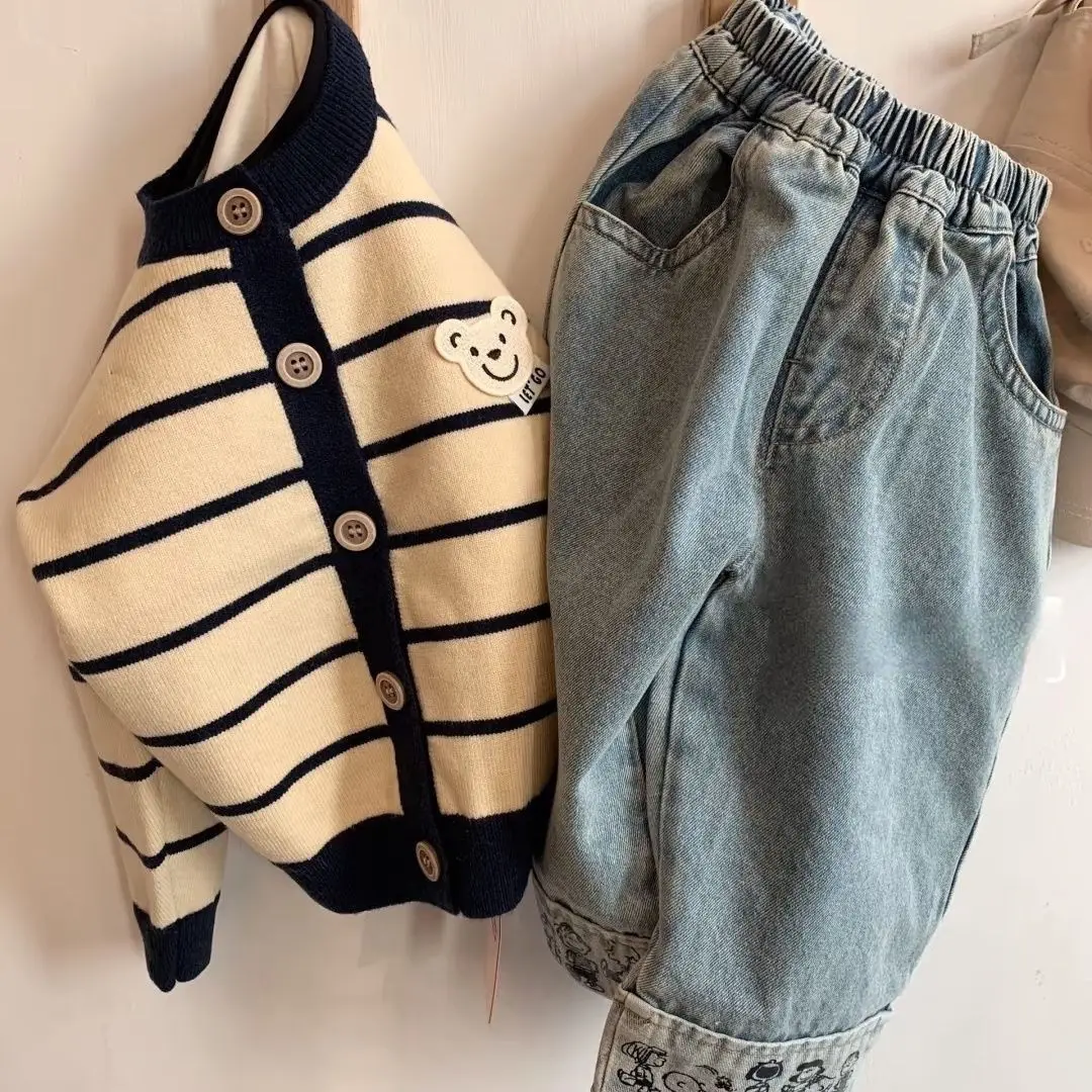 Spring Autumn Baby Boy Wide Jeans Korean Casual Cartoon Outwear Children Boy Denim Pants Loose Elastic Waist Kid Boys Trousers - Image 5