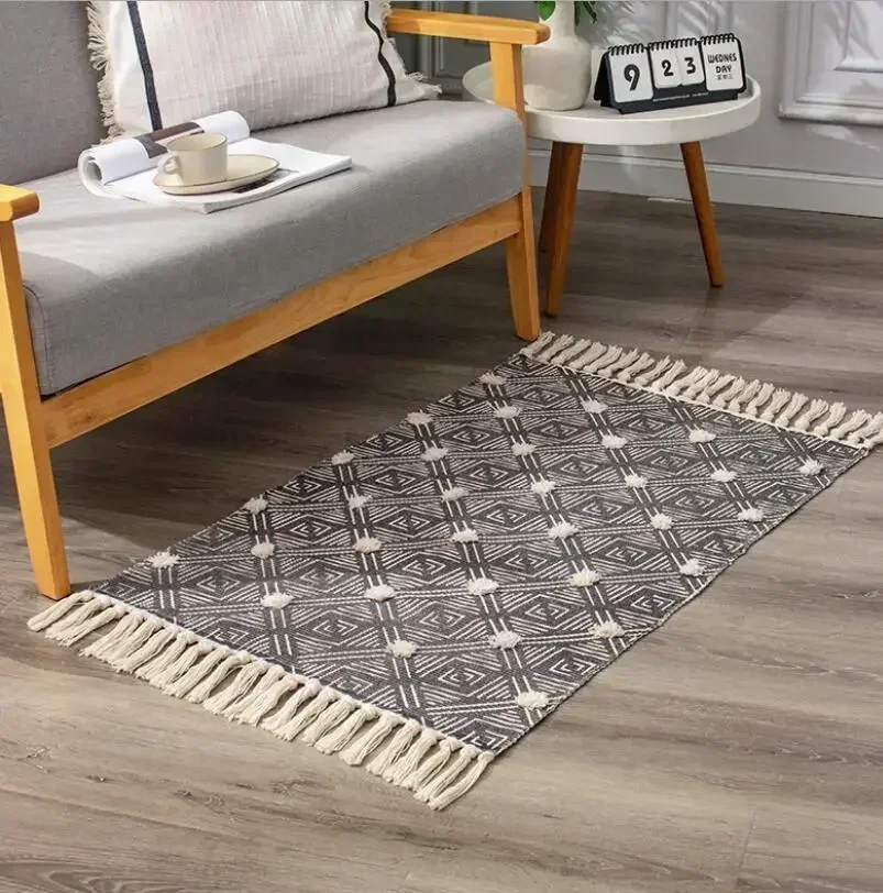 Hand Woven Home Entrance Hall Doormat Cotton Linen Carpet Tassel Rug Floor Mat Retro Alfombra  Welcome Mat