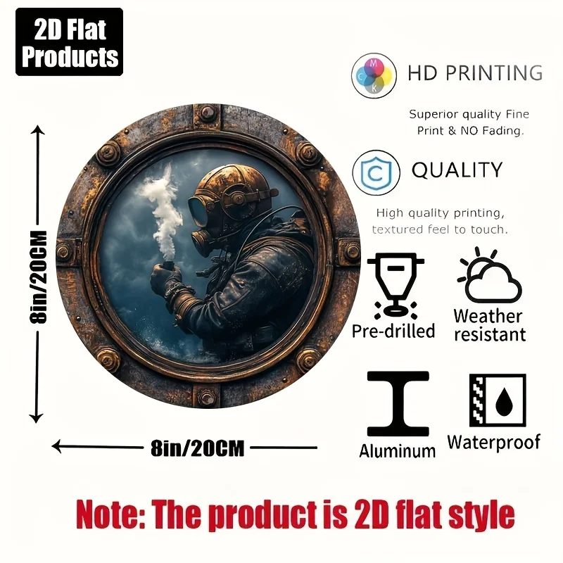 Steampunk Vintage 2D Flat High Definition Metal Wall Art Sign Retro Diver with Goggles Smoking Pipe in Porthole Embossed Iron Pa
