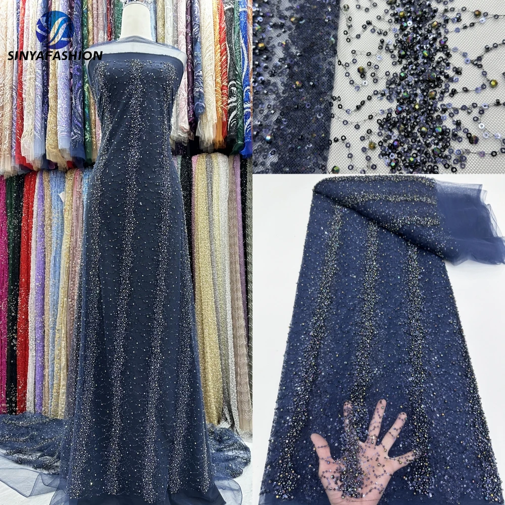 Sinya Navy Blue African Nigerian Crystal Diamond Beads Sequins Lace Fabric 2024 High Quality Luuxry Wedding Heavy Beaded Lace