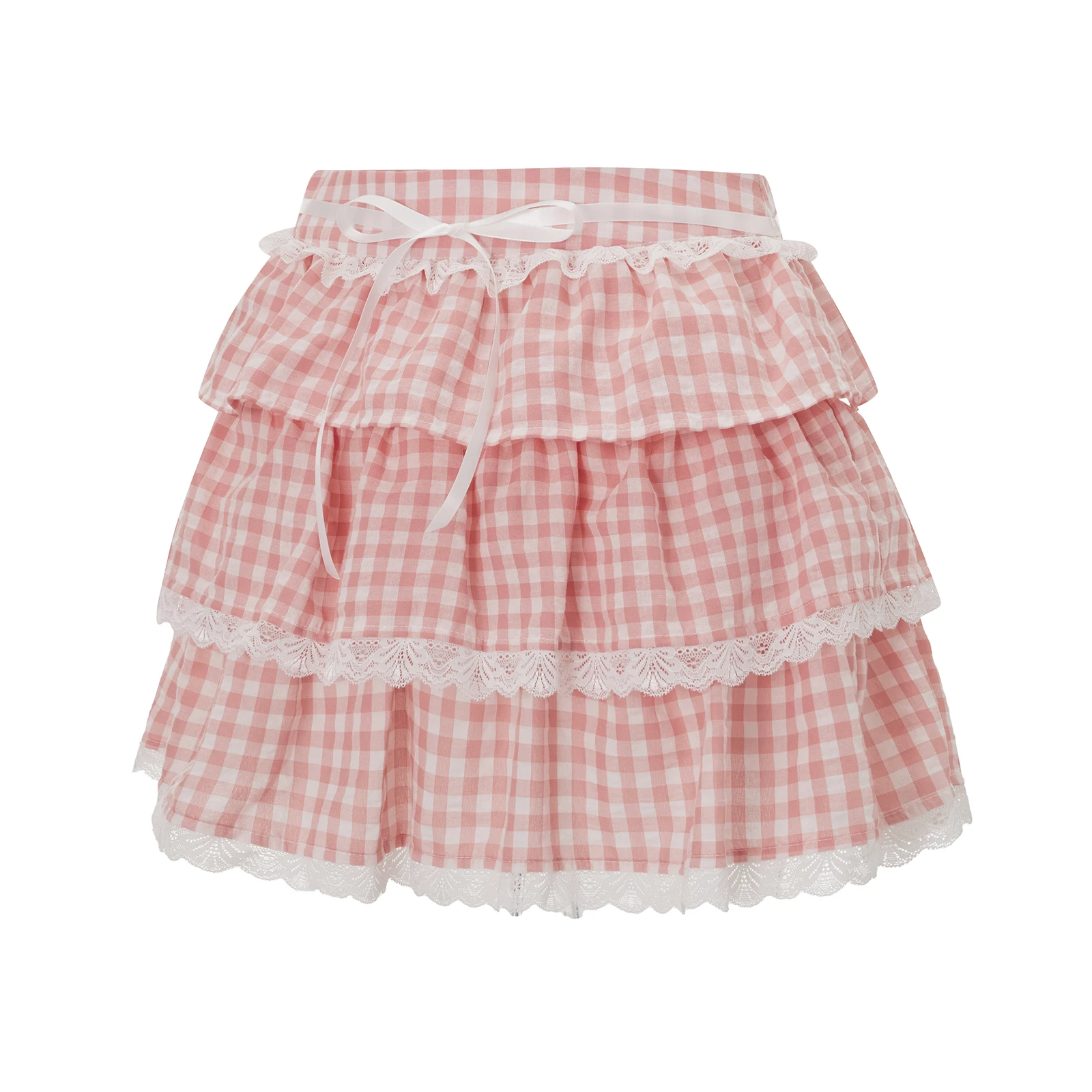 Women's Plaid Print Mini Skirts Tie-up Waist A-Line Skirts Swing Layered Ruffle Skirts