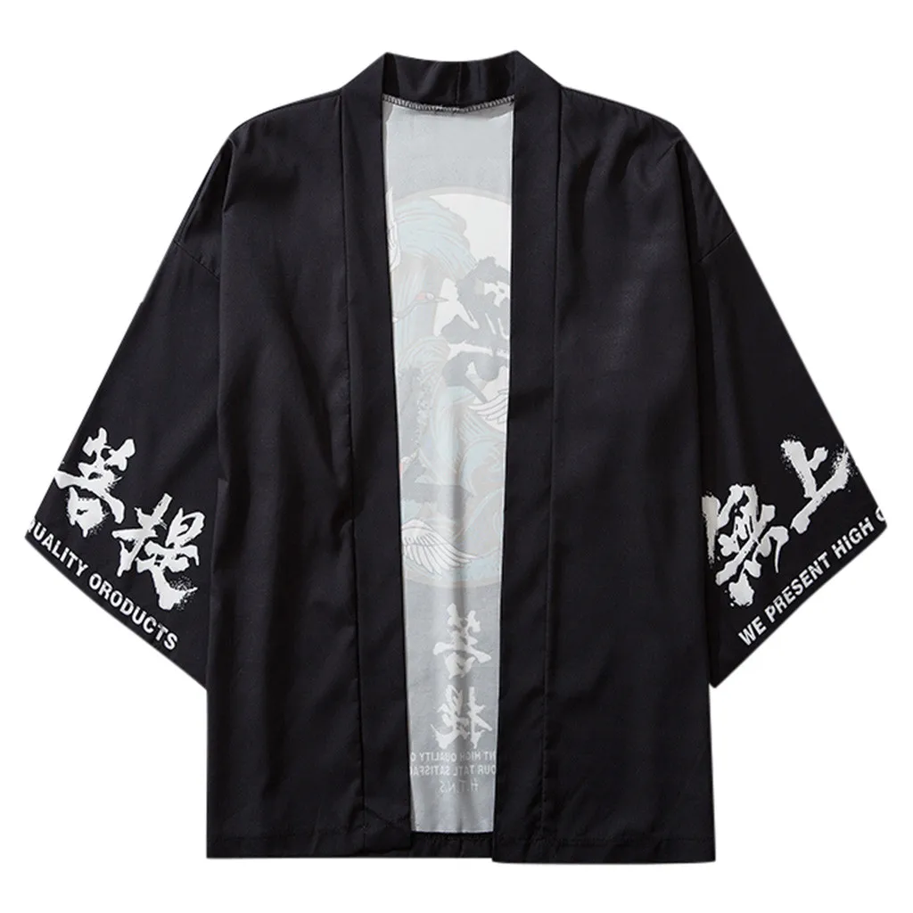 Men\'S Shirt Summer Japanese Five Point Sleeves Kimono Shirts For Mens Loose Cloak Jacke Top Blouse Thin Fashion Shirt рубашка