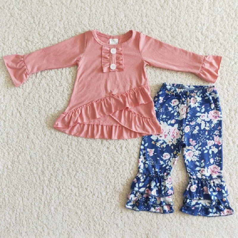 

Toddler New Spring Fashion Kids Pink Top Flowers Print Trousers Set Boutique Wholesale Baby Girls Children Clothing Outfits