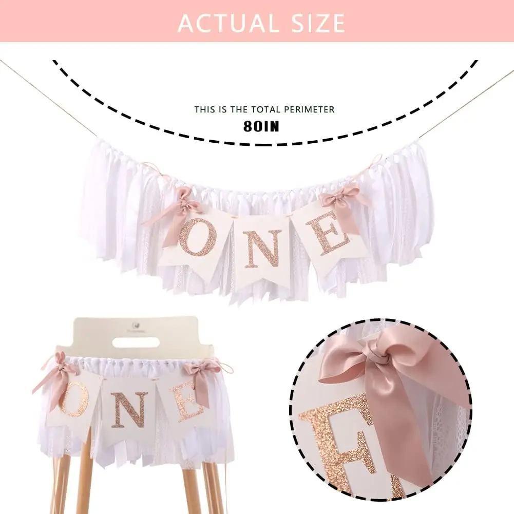 Rose Gold Blush White Highchair Banner Girl 1st Birthday Banner First One Year Party Decor with Cown