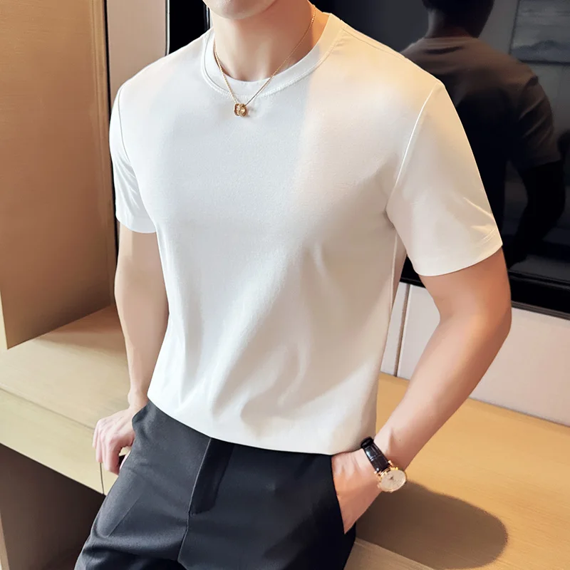 Summer Solid Color Basic T-shirt for Men Short Sleeve Casual Tshirts Ice Silk Comfortable Business and Social Bottom Shirt 2024