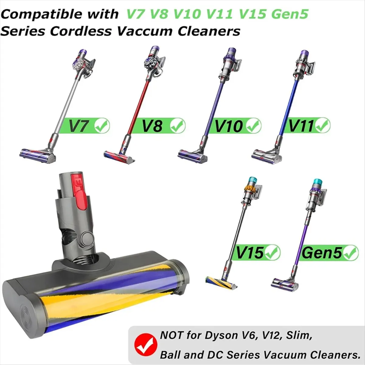 DT555 TO Vacuum Soft Roller Cleaner Head Set with Green Optical LED Light for V15 V11 V10 V8 V7 Vacuum Attachment