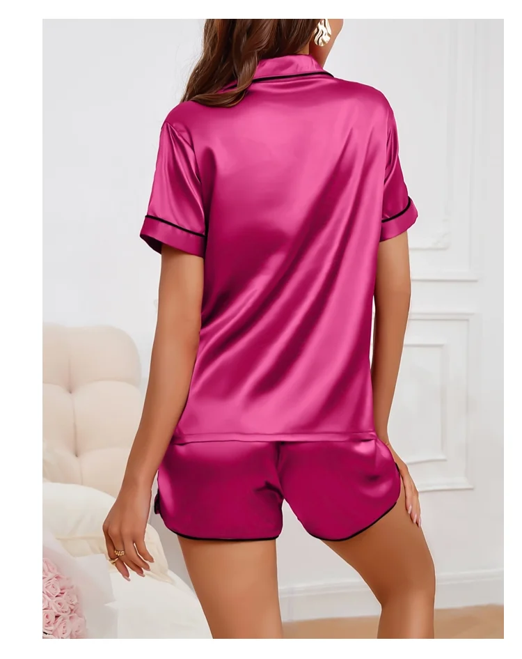 Damen-Pyjama-Lounge-Set, herzgestickte Tasche, Heimkleidung, Sommer-Kurzarmshirt und Shorts, Pyjama, 2-teiliges Set, Pyjama – Detail 10