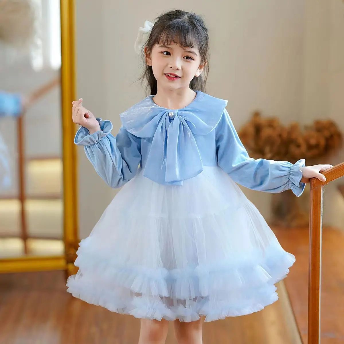 2024 autumn new girls dress long-sleeved gradual change color fluffy cake dresses корейский стиль одежда