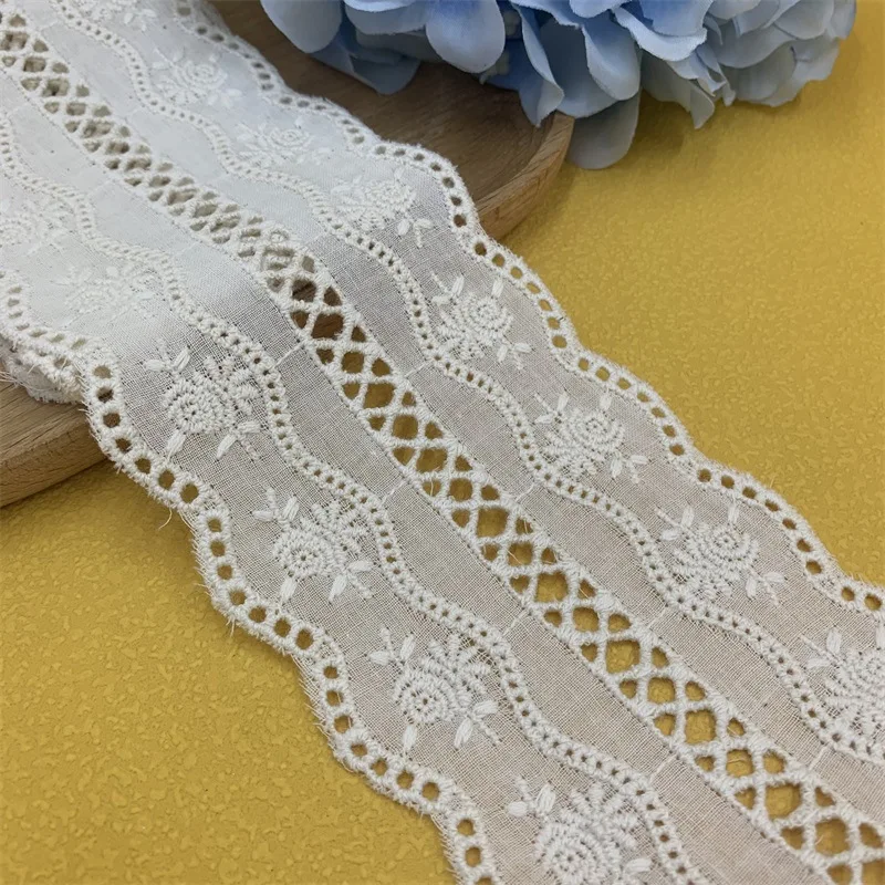 

15 Yards 75MM Rose Embroidery Cotton Flowers Off White Beige Lace Off White Ribbon Hair Bows DIY Crafts Handmade Accessorie