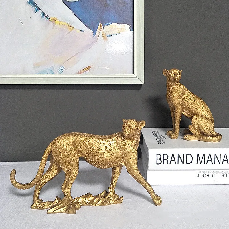 Resin Simulation Animal Sculpture Leopard Cheetah Golden Handicraft Statue Home Decoration Ornaments Figures Accessories