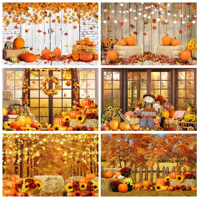 

Autumn Photography Backdrop Fall Pumpkin Bumper Harvest Maple Leaves Sunflower Farm Barn Haystack Baby Portrait Photo Background