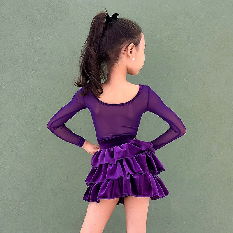 여자를위한 새로운 보라색 라틴 댄스 슈트 경쟁 성능 의류 긴 소매 바디 슈트 케이크 스커트 라틴 댄스웨어 VDL4297