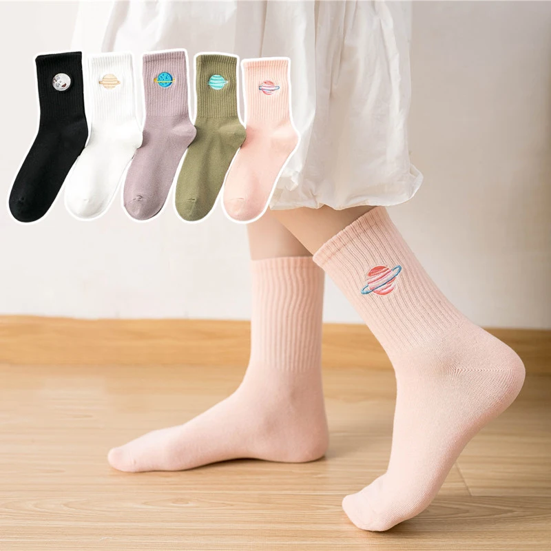 Women's Socks Japanese Cartoon Comfortable High-quality Cotton Socks Planet Embroidery Cute Simple Verstaile For Girl Wholesale
